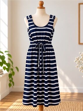 Baby Be Mine Navy Striped Maternity Nursing Dress Cotton S/M